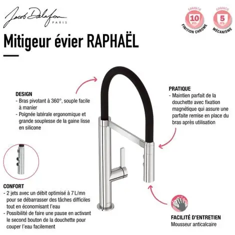 JACOB DELAFON Mitigeur Cuisine Raphaël Bec Haut Chrome Douchette Extractible 4 JACOB DELAFON Mitigeur Cuisine Raphaël Bec Haut Chrome Douchette Extractible – Image 4