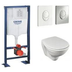 Jacob Delafon Pack WC Suspendu Patio + Abattant + Plaque Blanche + Bâti Grohe, Plaque Chromée