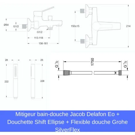 Jacob Delafon - Mitigeur Bain-douche Eo + Douchette Shift Ellipse + Flexible Douche Grohe SilverFlex 4 Jacob Delafon - Mitigeur Bain-douche Eo + Douchette Shift Ellipse + Flexible Douche Grohe SilverFlex – Image 4