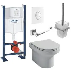 JACOB DELAFON Pack WC Suspendu Sans Bride Elite Abattant Extraplat Fermeture Douce Avec Bâti, Plaque Blanche, Porte-balai Et Porte-rouleau Moderne
