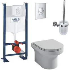 JACOB DELAFON Pack WC Suspendu Sans Bride Elite, Abattant Extraplat Fermeture Douce Avec Bâti Support, Plaque Chromé Quick Fix Grohe Et Porte-balai Chrome