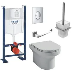 JACOB DELAFON Pack WC Suspendu Sans Bride Elite Abattant Extraplat Fermeture Douce Avec Bâti Support, Plaque Chromé Quick Fix Grohe Et Porte-balai + Porte-rouleau Moderne
