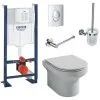 JACOB DELAFON Pack WC Suspendu Sans Bride Elite Abattant Extraplat Fermeture Douce Avec Bâti Support, Plaque Chromé Quick Fix Grohe Et Porte-balai + Porte-rouleau Chrome