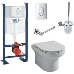 JACOB DELAFON Pack WC Suspendu Sans Bride Elite Abattant Extraplat Fermeture Douce Avec Bâti Support, Plaque Chromé Quick Fix Grohe Et Porte-balai + Porte-rouleau Chrome