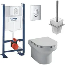JACOB DELAFON Pack WC Suspendu Sans Bride Elite Abattant Extraplat Fermeture Douce Avec Bâti Support, Plaque Chromé Quick Fix + Porte-balai Moderne