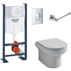 JACOB DELAFON Pack WC Suspendu Sans Bride Elite Abattant Extraplat Fermeture Douceavec Bâti Support, Plaque Chromé Quick Fix Grohe Et Porte-rouleau