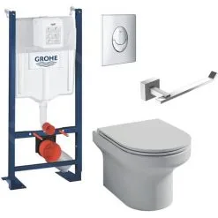 JACOB DELAFON Pack WC Suspendu Sans Bride Elite Abattant Extraplat Fermeture Douce Avec Bâti Support, Plaque Chromé Quick Fix Grohe + Porte-rouleau Moderne