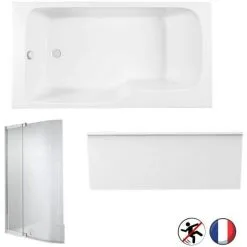 Baignoire Bain Douche JACOB DELAFON Malice Antidérapante + Tablier Niche + Pare Bain Blanc Mat, 160 X 85 - Version Gauche