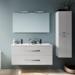Meuble Lavabo Double Vasque JACOB DELAFON Ola Up + Colonne De Salle De Bain + Miroir Et Spot, Blanc -JACOB DELAFON Soldes 2022 64499440 2