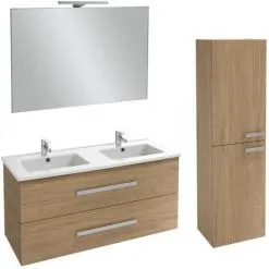 Meuble Lavabo Double Vasque JACOB DELAFON Ola Up + Colonne De Salle De Bain + Miroir Et Spot, Chene