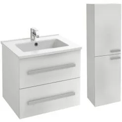 Meuble Simple Vasque JACOB DELAFON Ola Up + Colonne De Salle De Bain, 2 Portes, 58,5 X 46,5 X 52, Blanc