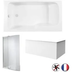 Baignoire Bain Douche JACOB DELAFON Malice Antidérapante + Tablier Angle + Pare Bain Blanc Mat, 160 X 85 - Version Gauche