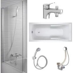 Jacob Delafon - Lot Baignoire Acrylique, Mitigeur Bain Douche Monotrou, Pare Bain Et Accessoires, 150 X 70